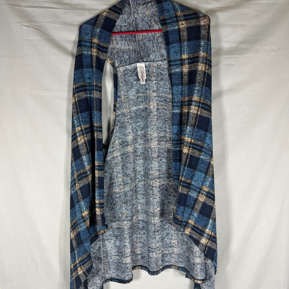 Crepas Plaid Open Front Vest Draped Knit Blue Womens 1XL